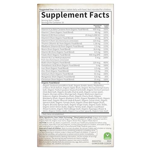 Organic Women’s Multivitamin One Daily Iron Biotin 30 Tablets