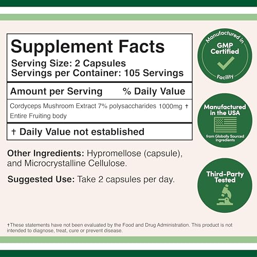 Cordyceps Mushroom Capsules 1000mg – Energy & Immune Support, 210 Ct