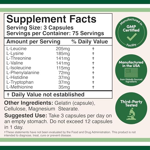 Essential Amino Acids EAA + BCAA Capsules – Muscle Support, 225 Count