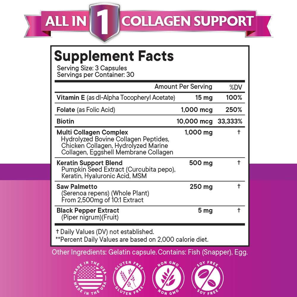 Hair Skin Nails Vitamins Collagen Biotin Keratin 90 Count