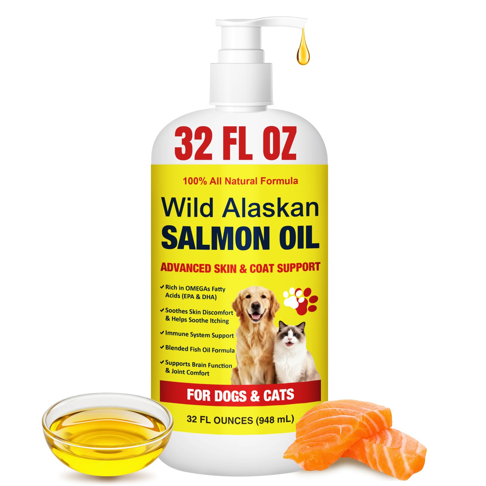 Wild Alaskan Salmon Oil for Dogs & Cats – Omega-3 EPA & DHA 32oz