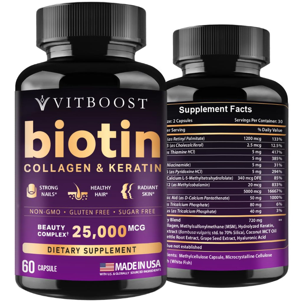 Biotin 25000mcg Hair Growth Collagen Keratin 60 Capsules