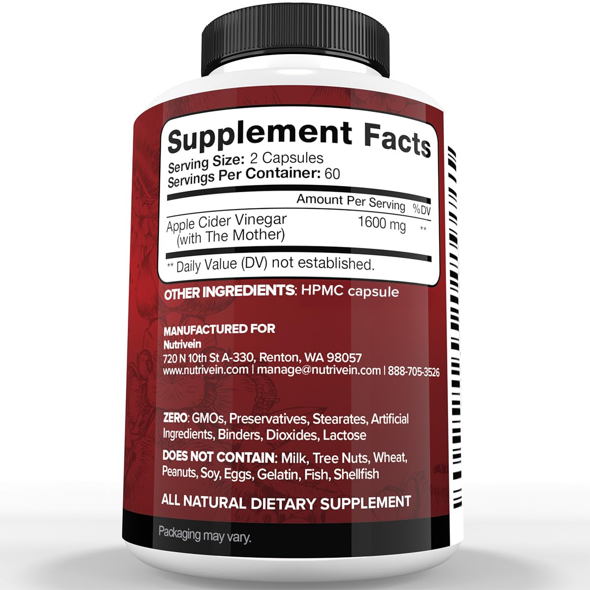 Apple Cider Vinegar Capsules 1600mg for Digestion, Detox & Metabolism Support 120 Ct