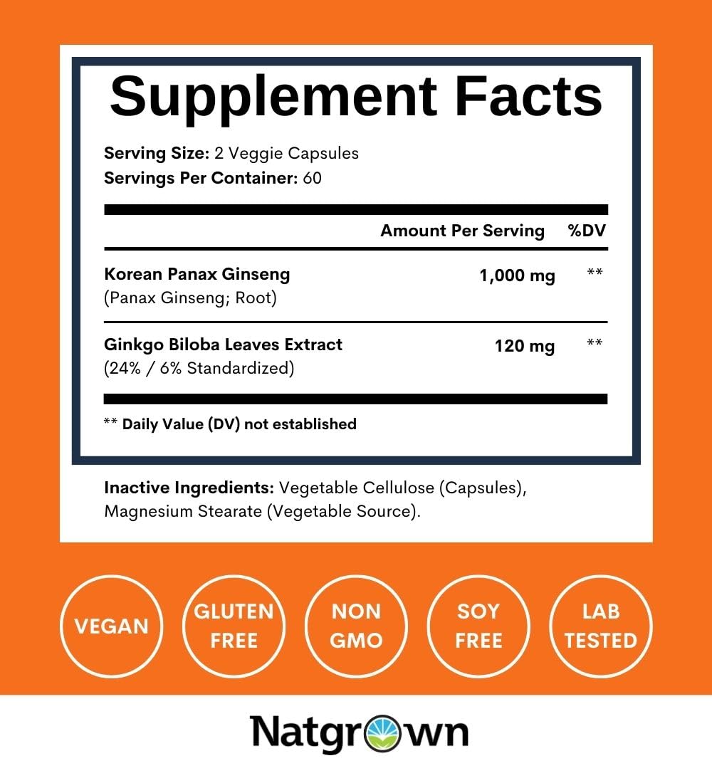 Panax Ginseng & Ginkgo Biloba Capsules for Memory, Focus & Brain Support