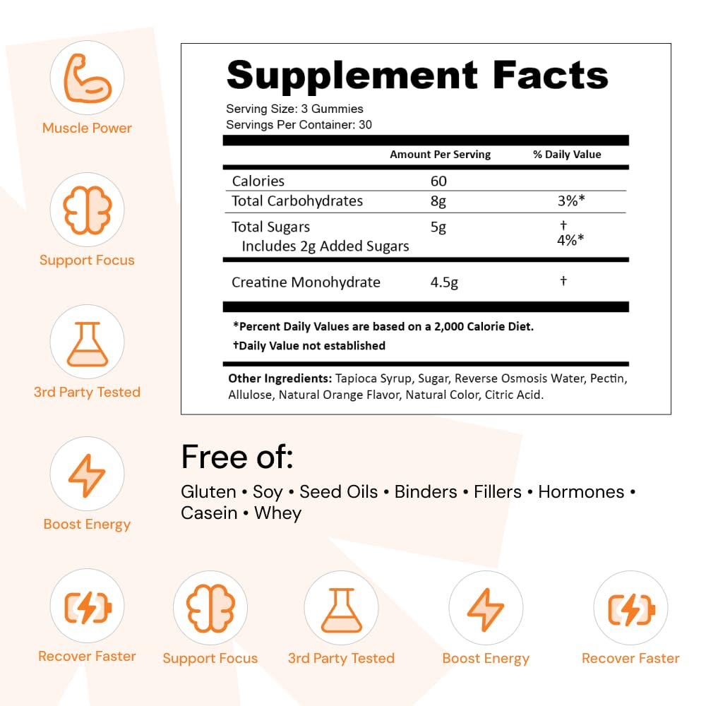 Orange Creatine Monohydrate Performance Gummies Vegan