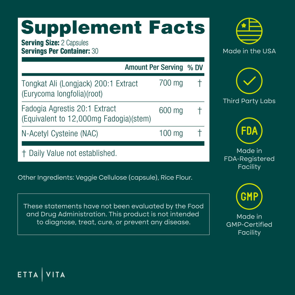 Tongkat Ali & Fadogia Supplement for Testosterone, Energy & Muscle Support Capsules