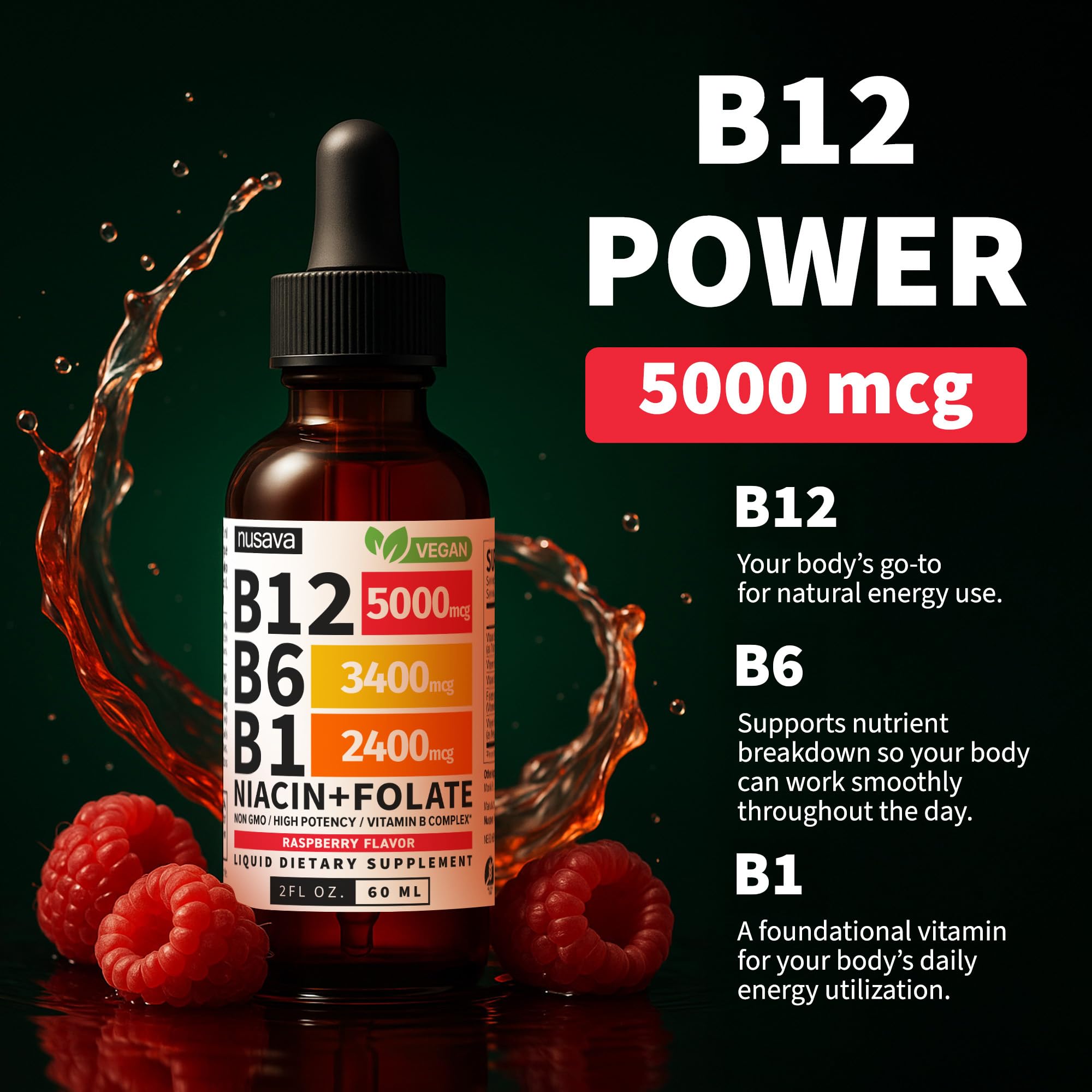 Vitamin B12 5000mcg Liquid Drops with B6 – Energy Support, 2 Pack