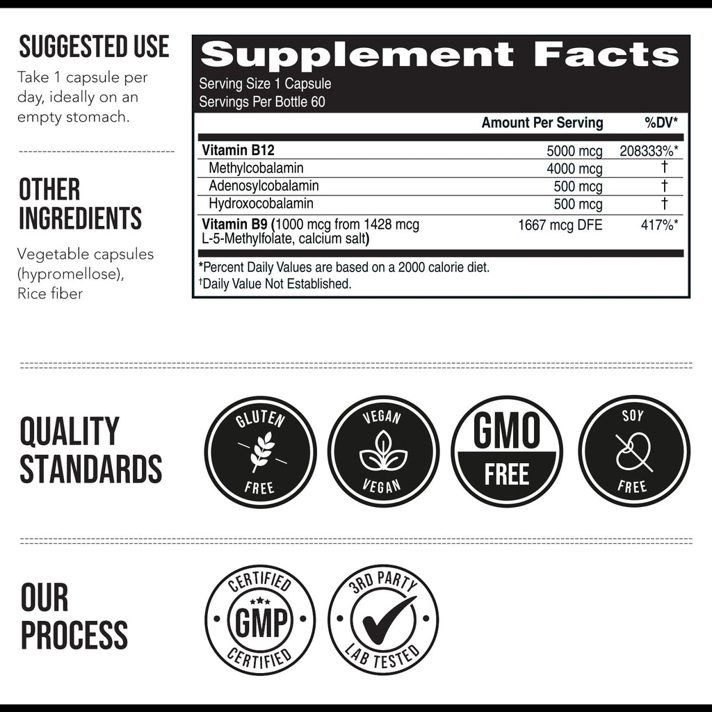 Vitamin B12 5000 mcg Complex with Methylfolate – Energy Support, 60 Ct