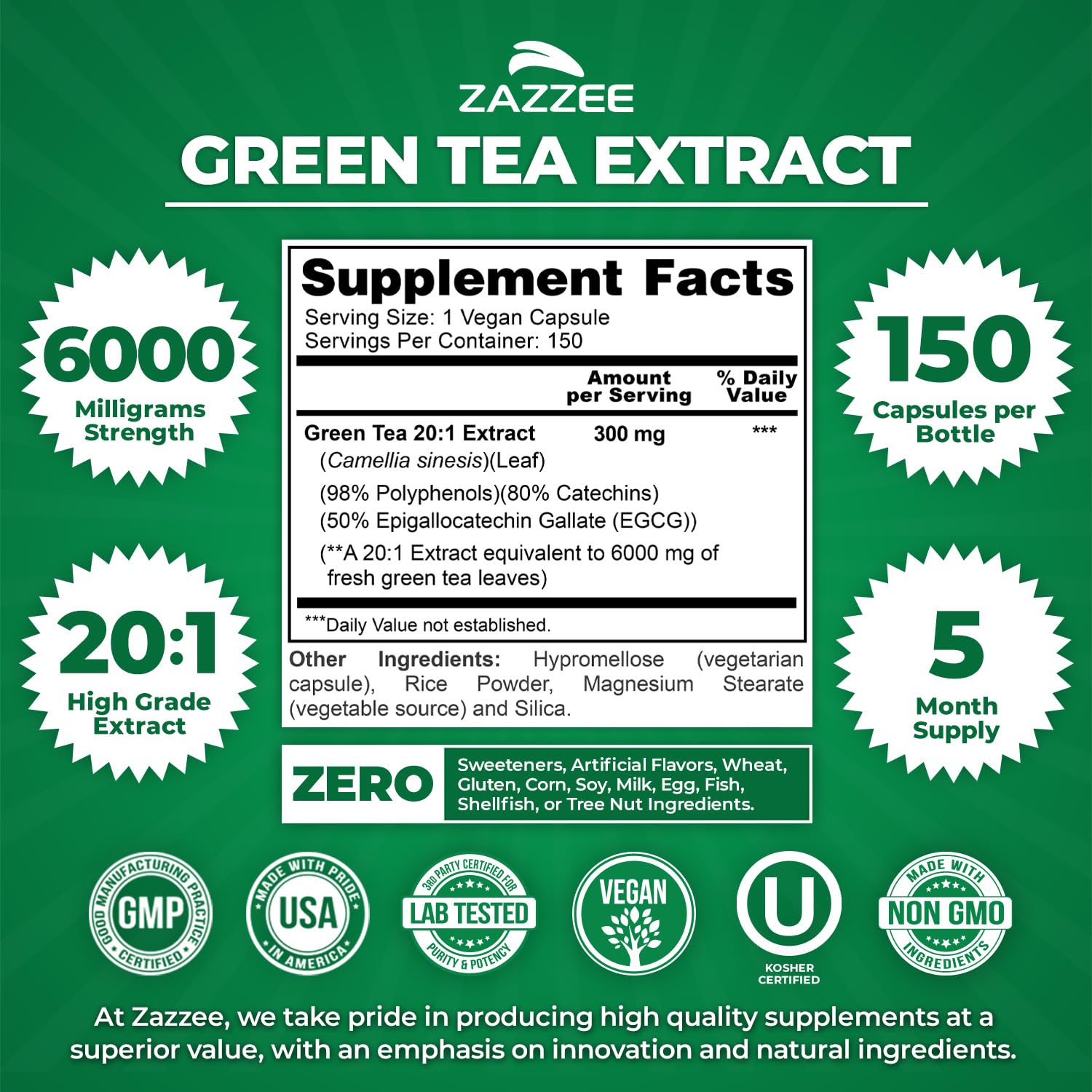 Green Tea Extract 6000mg 20:1 – 50% EGCG, 150 Capsules