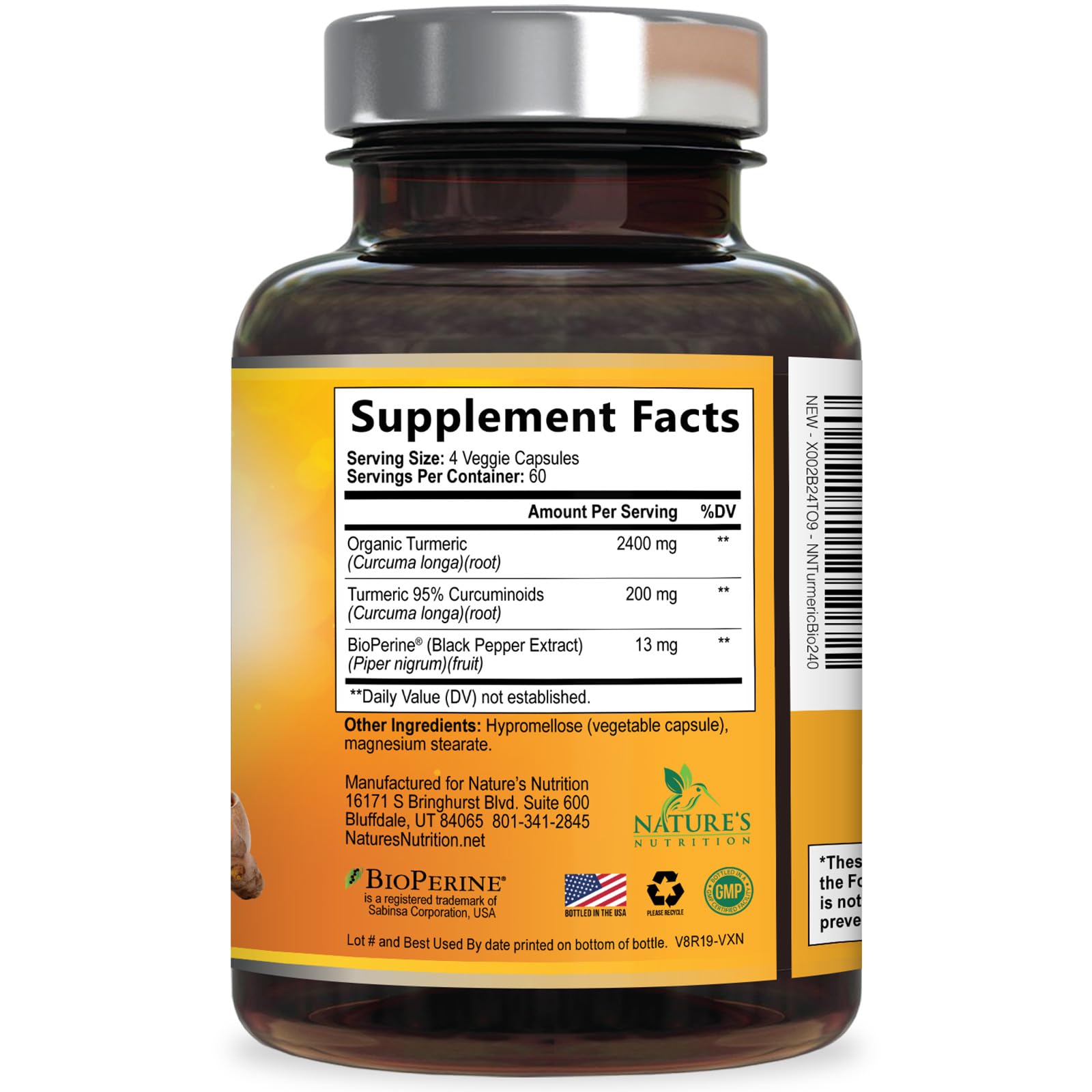 Turmeric Curcumin 2400mg Capsules with BioPerine for Joint Support 240 Ct