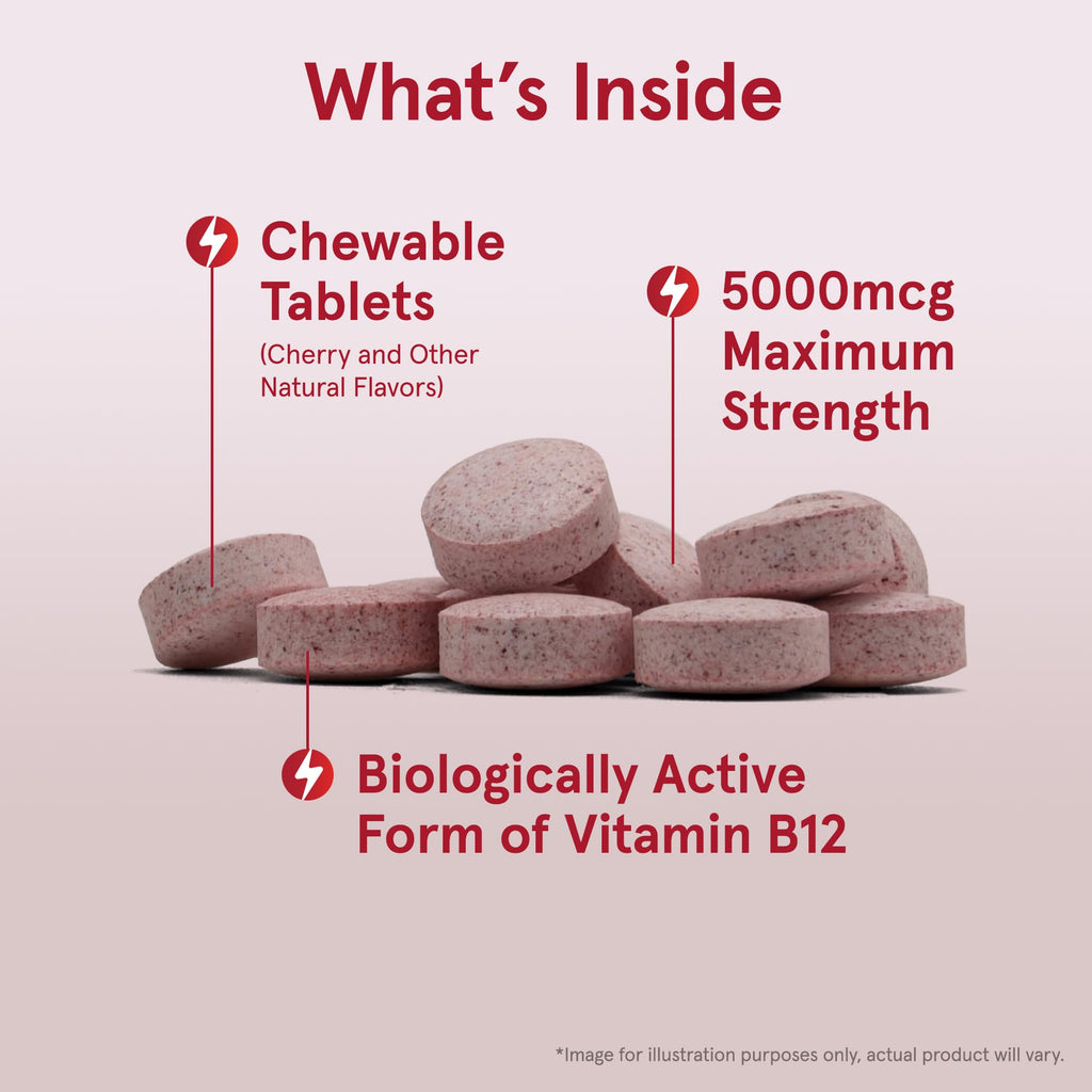 Vitamin B12 5000 mcg Chewable Tablets – Energy & Brain Support, 90 Ct