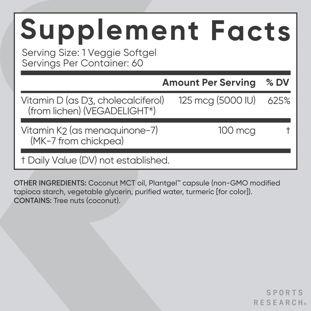 Vitamin D3 5000 IU + K2 MK-7 with Coconut Oil – 60 Softgels