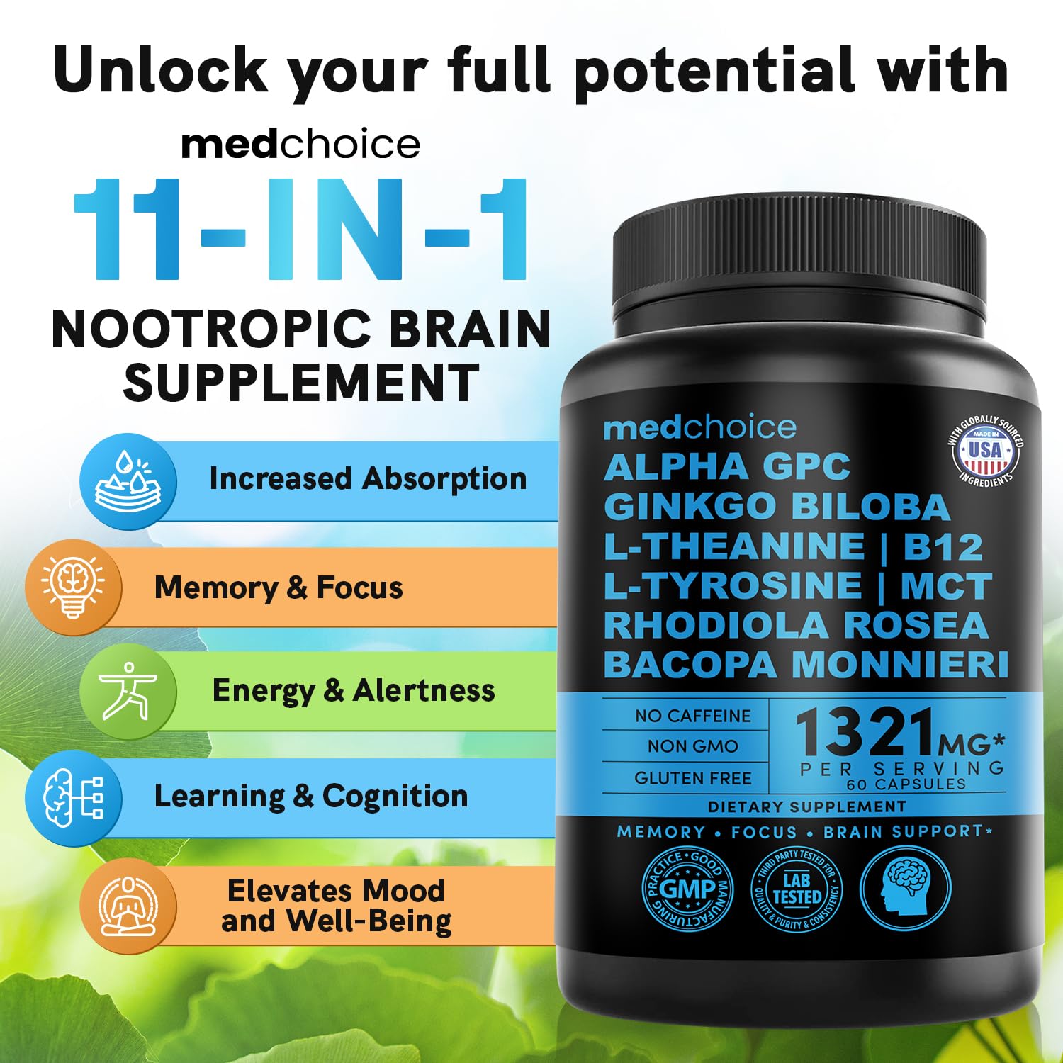 Nootropic Brain Supplement with Ginkgo, Alpha GPC & B12 for Focus & Memory
