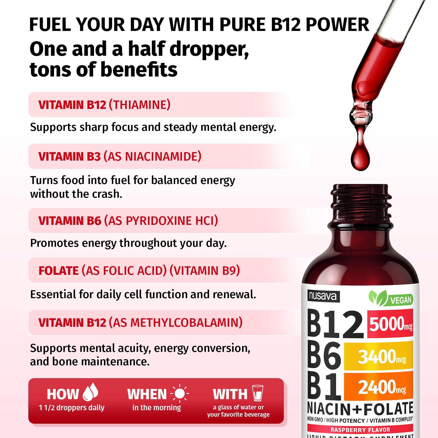 Vitamin B12 5000mcg Liquid Drops with B6 – Energy Support, 2 Pack