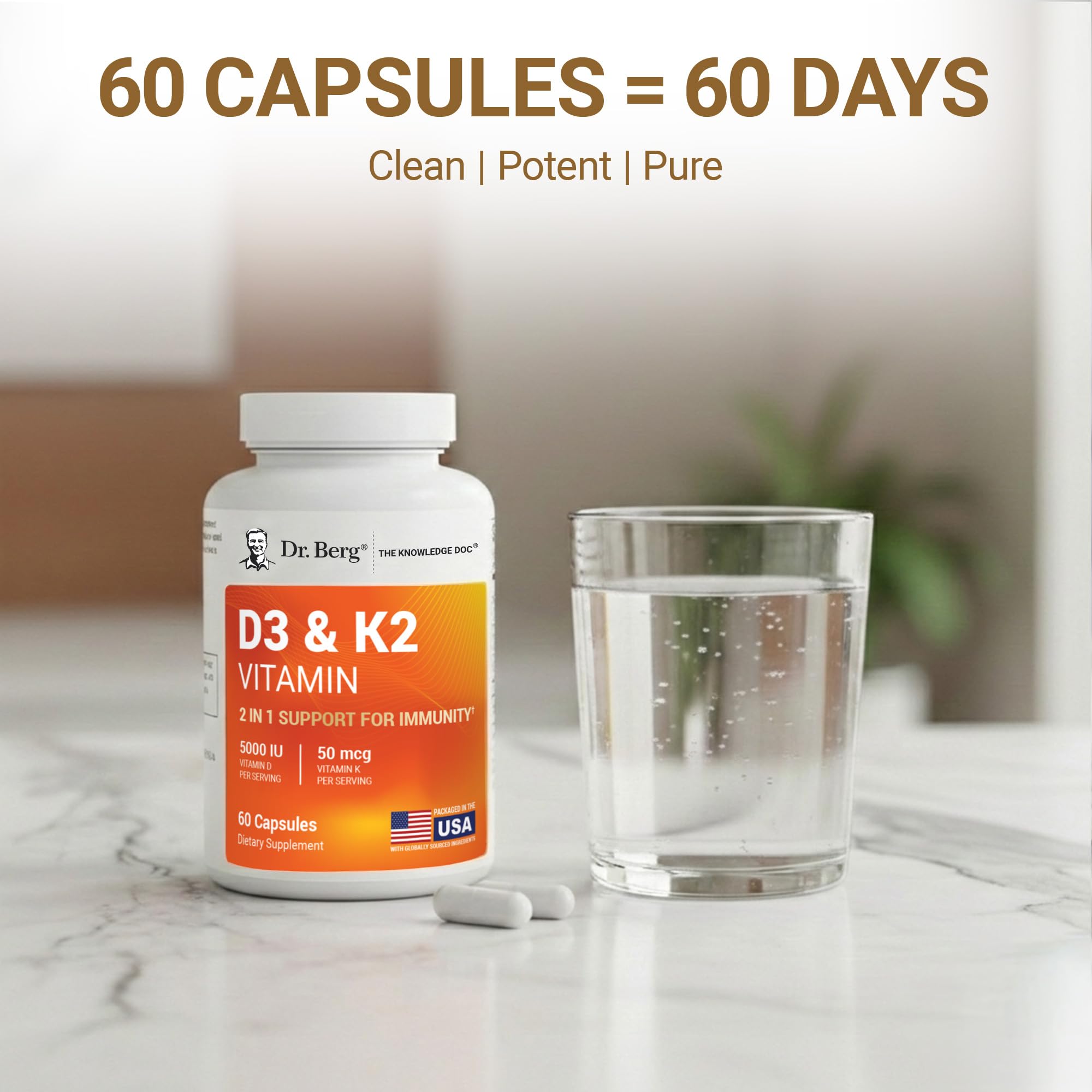 Vitamin D3 5000 IU + K2 MK-7 – Immune & Bone Support, 60 Caps