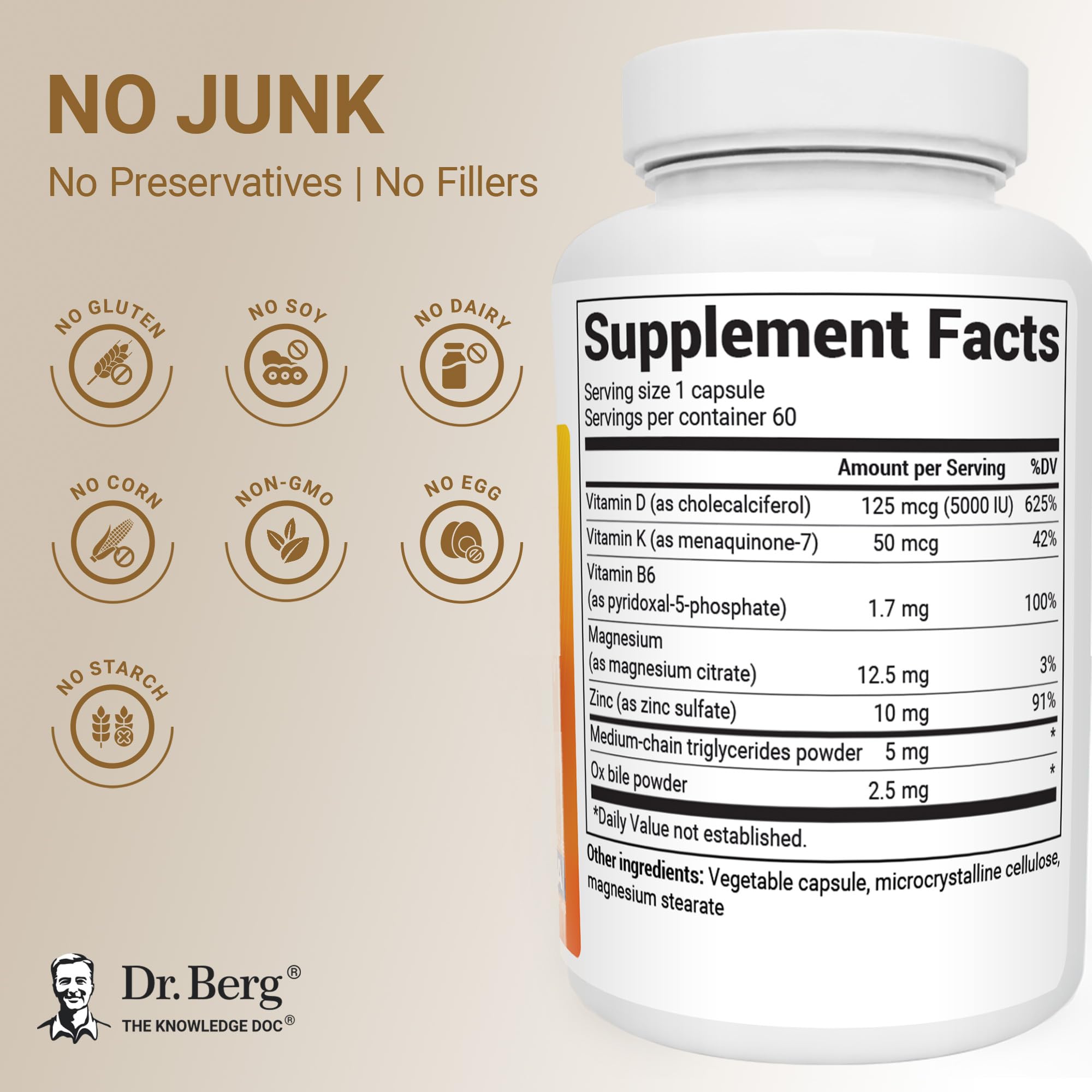 Vitamin D3 5000 IU + K2 MK-7 – Immune & Bone Support, 60 Caps