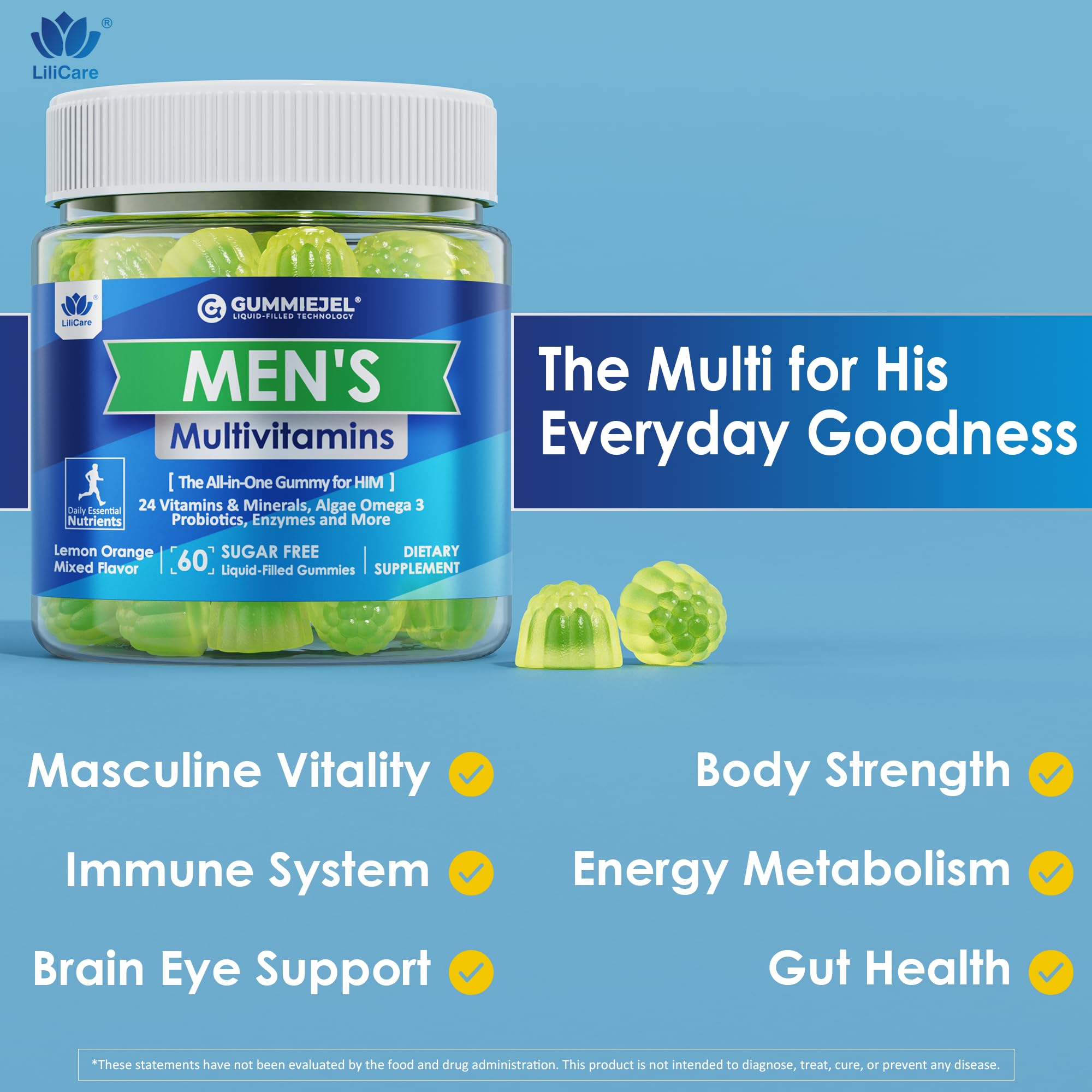 Men's Multivitamin Gummies – B Complex, Omega 3, Probiotic, Sugar Free, 60ct