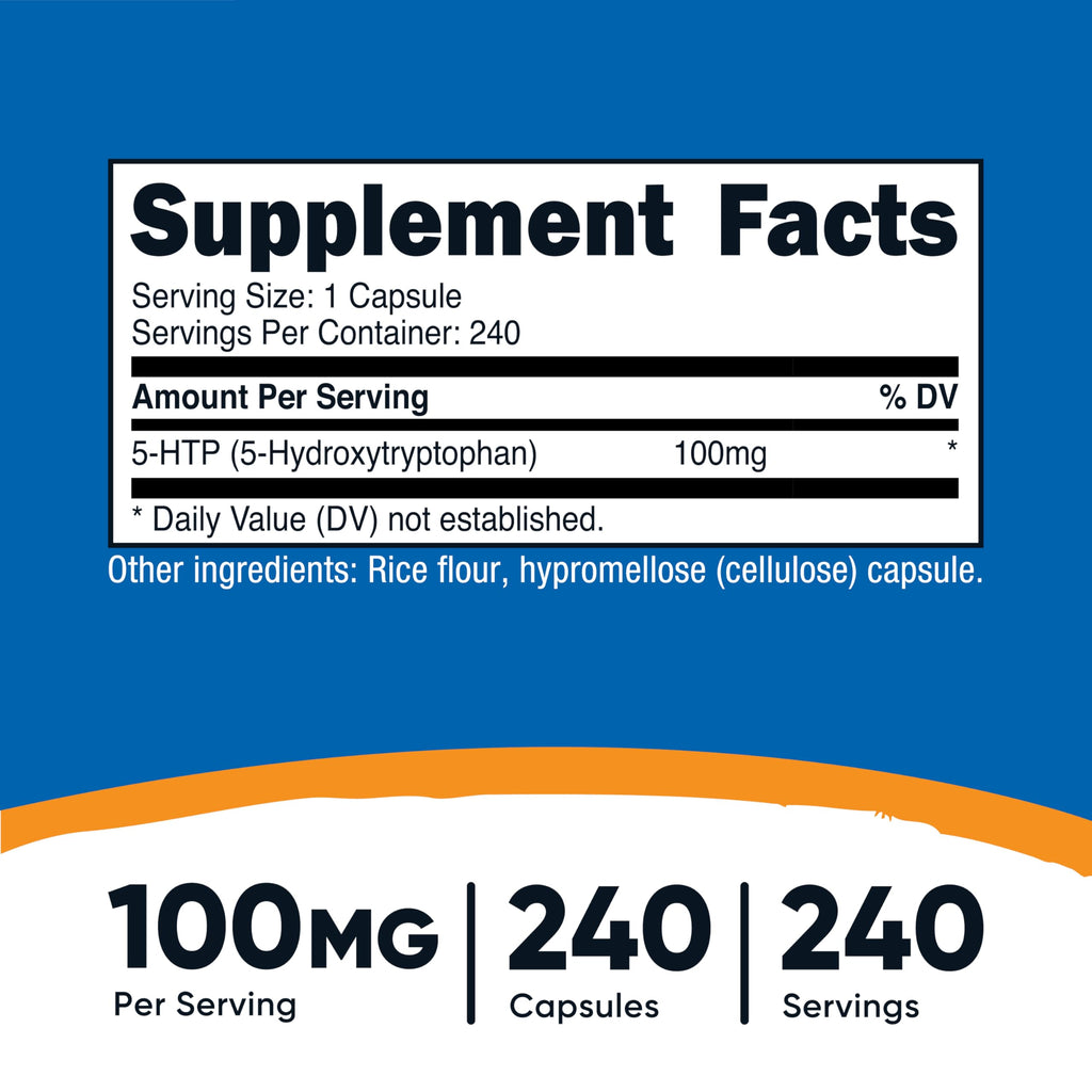 5-HTP 100mg Capsules Mood & Sleep Support 240 Count Vegan