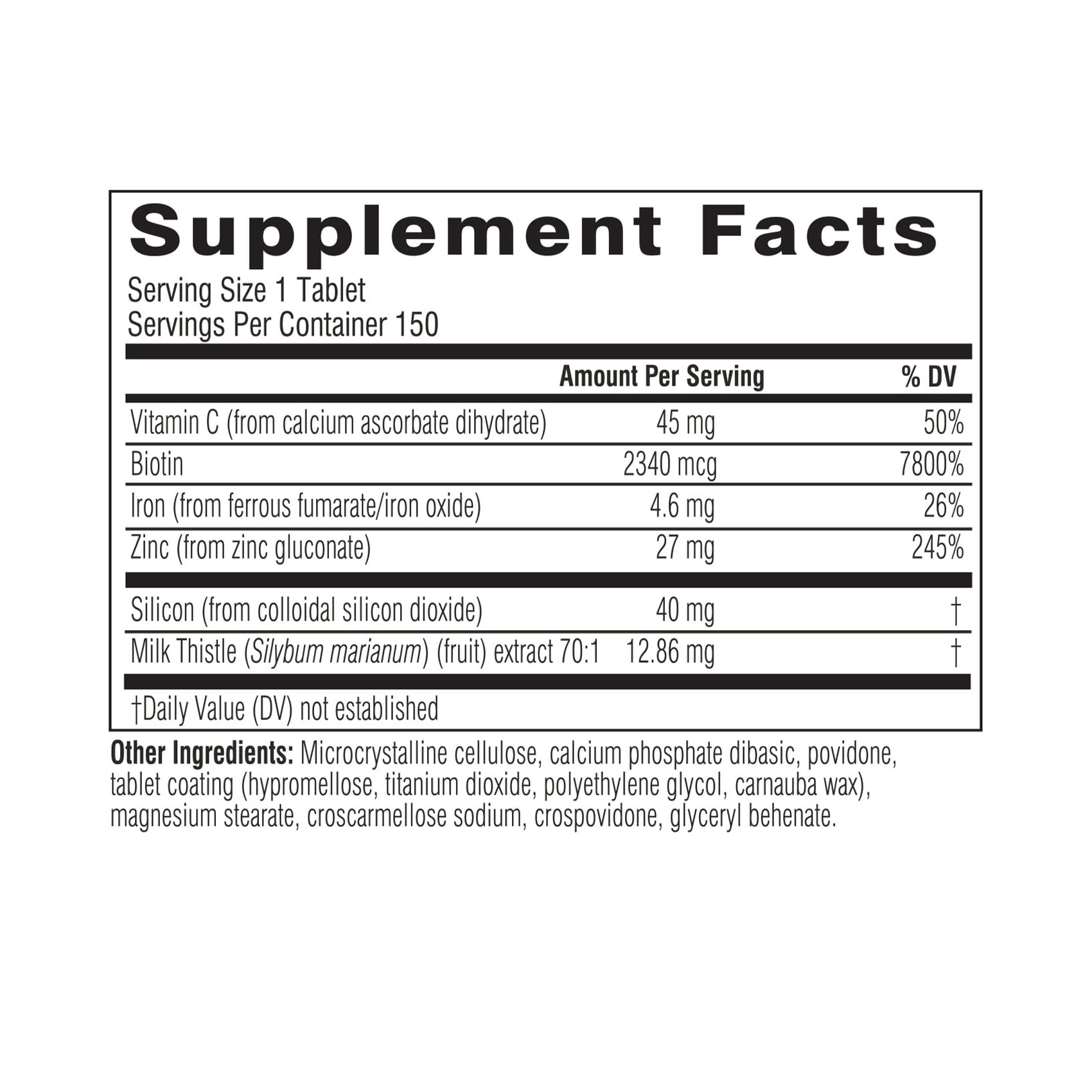 Biotin Hair Skin Nails Vitamins Zinc Iron 150 Tablets