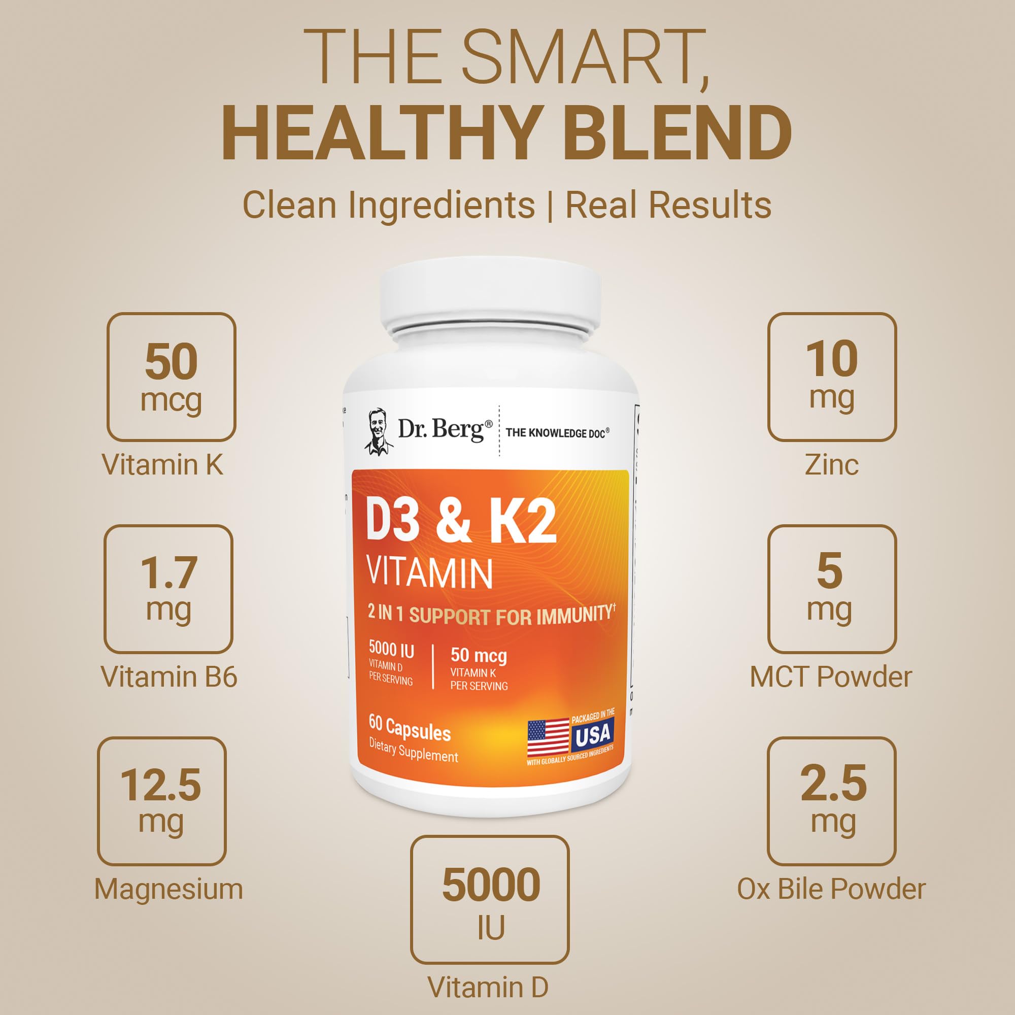 Vitamin D3 5000 IU + K2 MK-7 – Immune & Bone Support, 60 Caps
