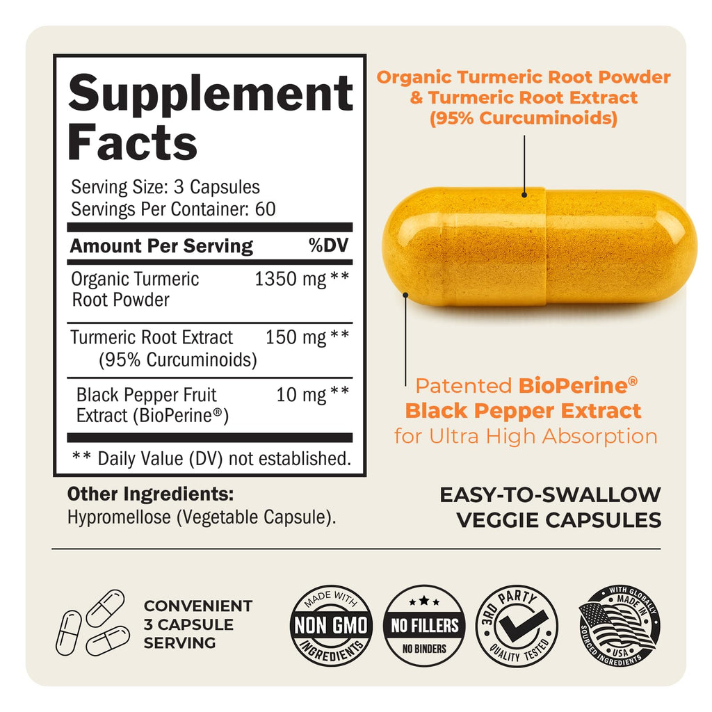 Turmeric Curcumin 1500mg Capsules with Black Pepper for Joint Support 180 Ct