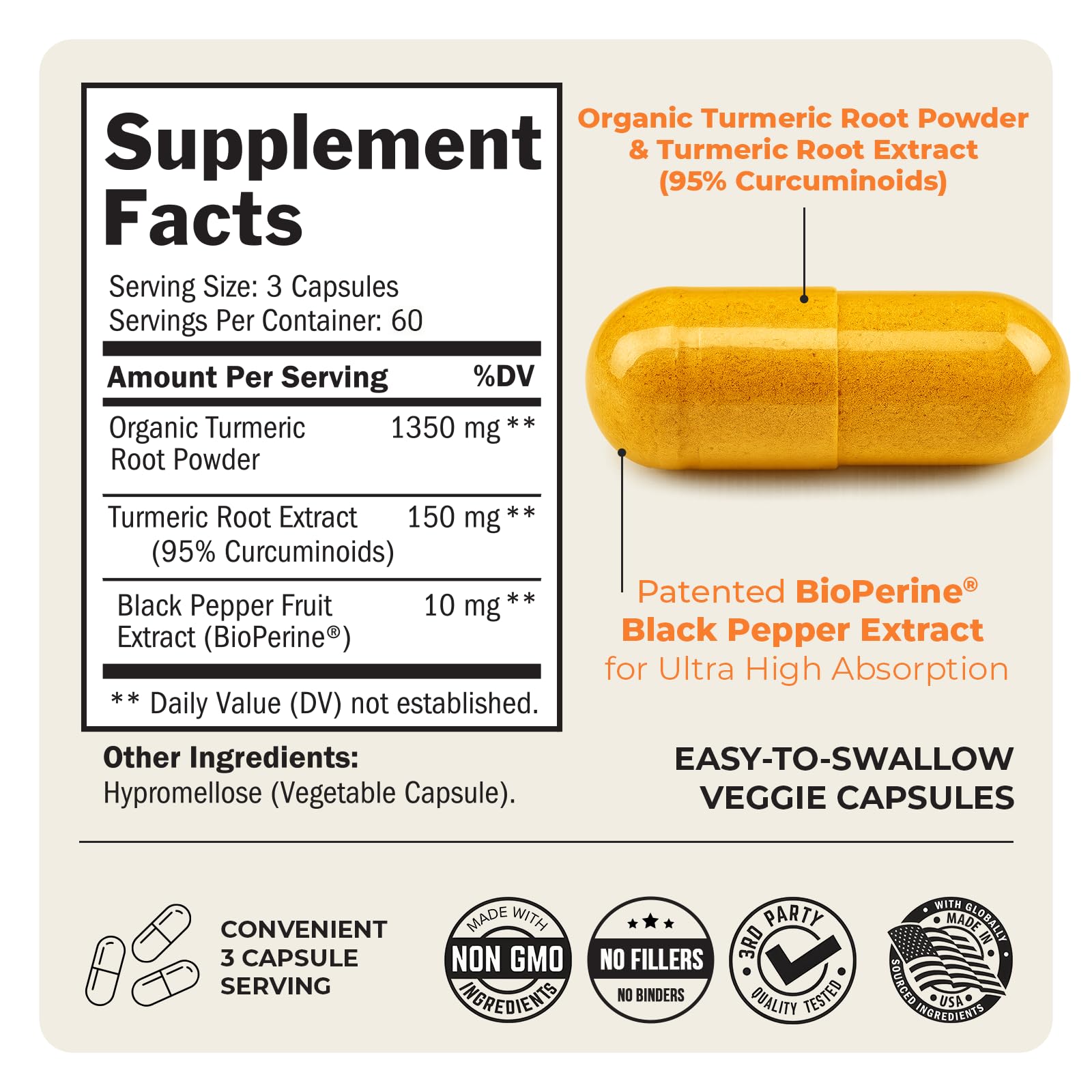 Turmeric Curcumin 1500mg Capsules with Black Pepper for Joint Support 180 Ct