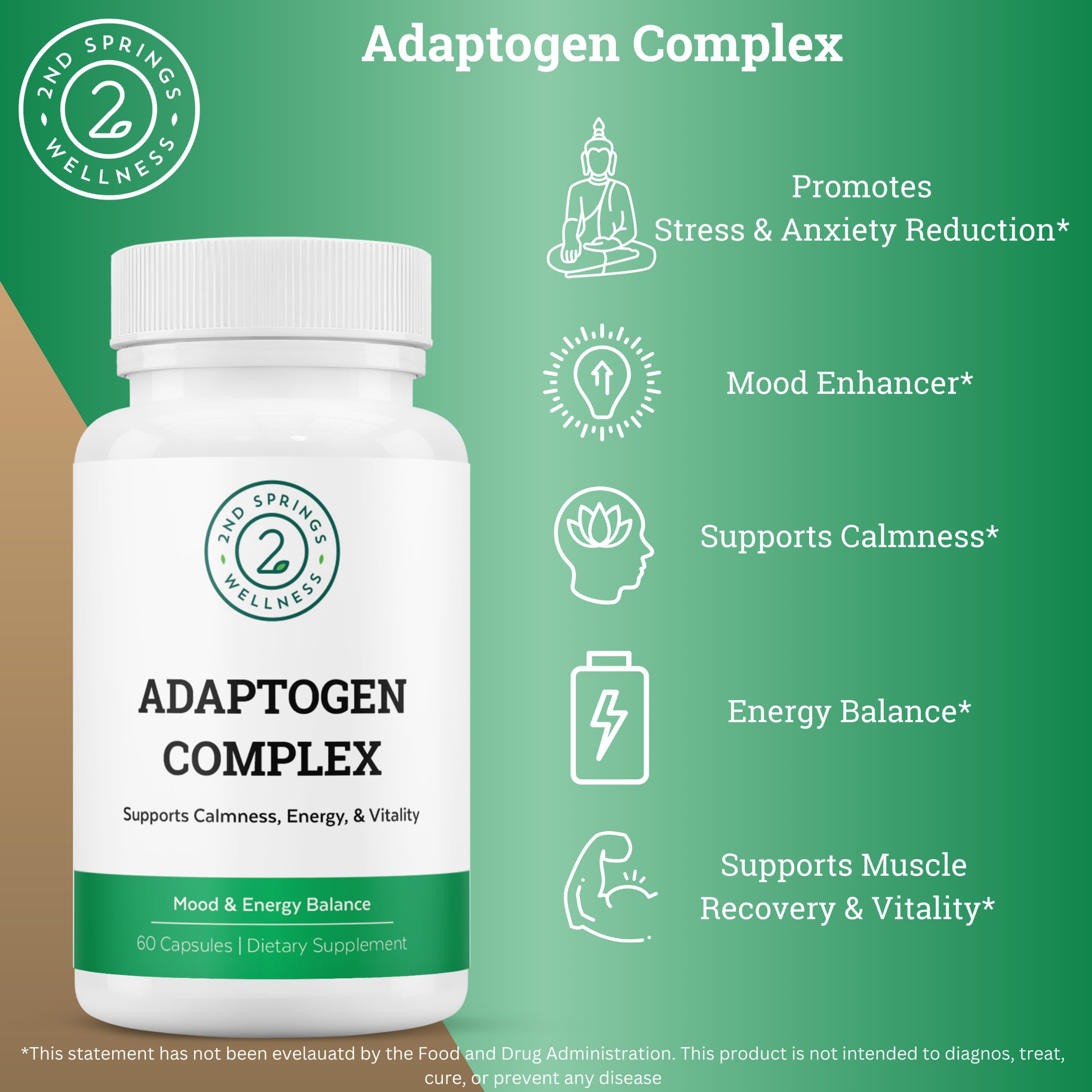 Adaptogen Complex Supplement for Energy, Calm & Adrenal Support – 60 Ct