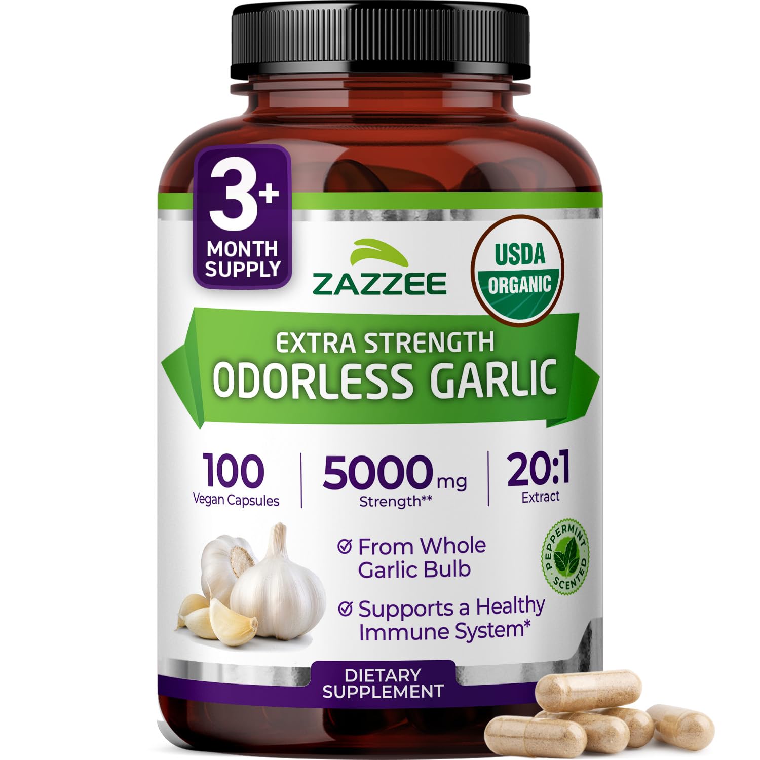 Odorless Garlic Extract 20:1 Capsules for Heart & Immune Support 5000mg