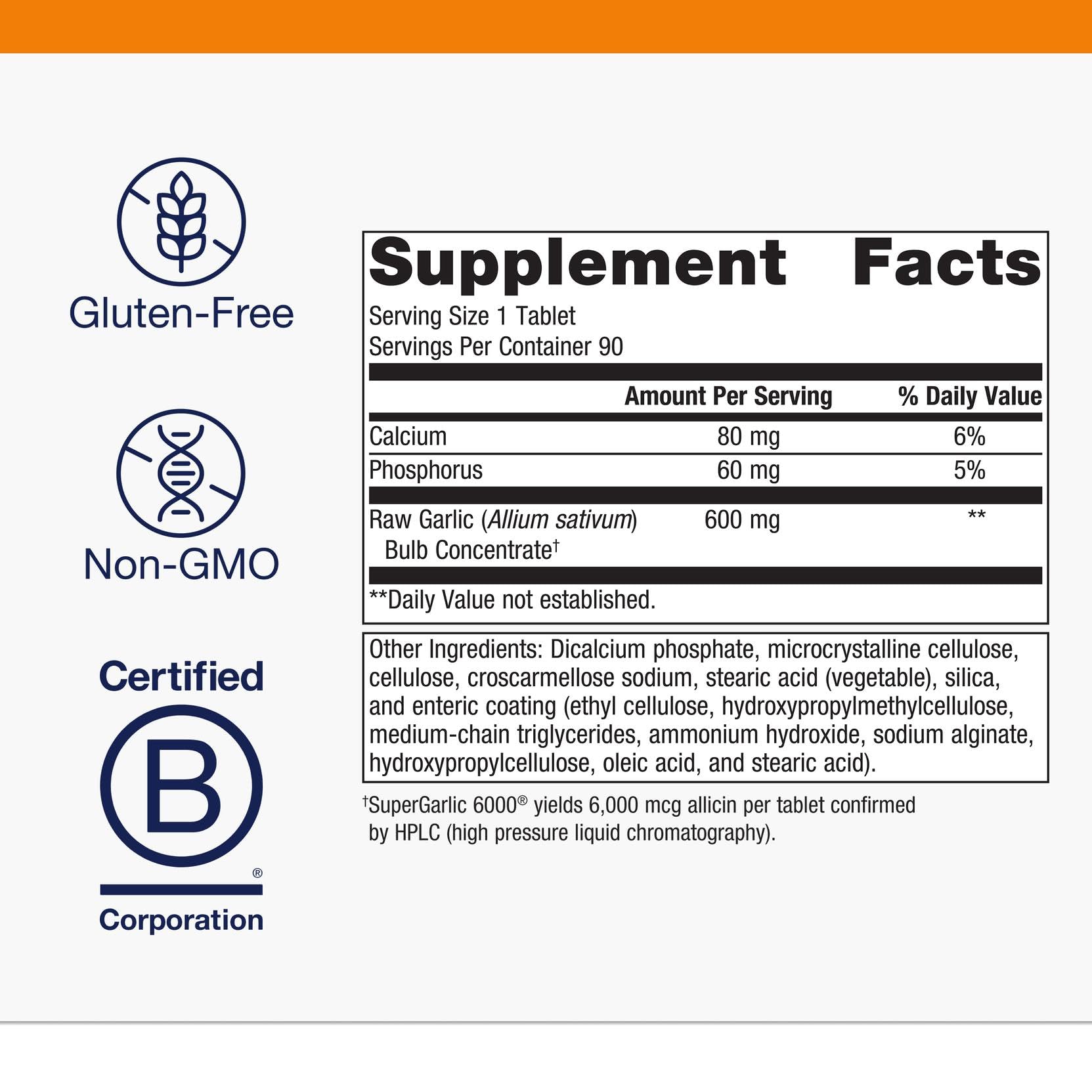 Garlic Supplement 6000mcg Allicin for Heart, Cholesterol & Immune Support 90 Ct