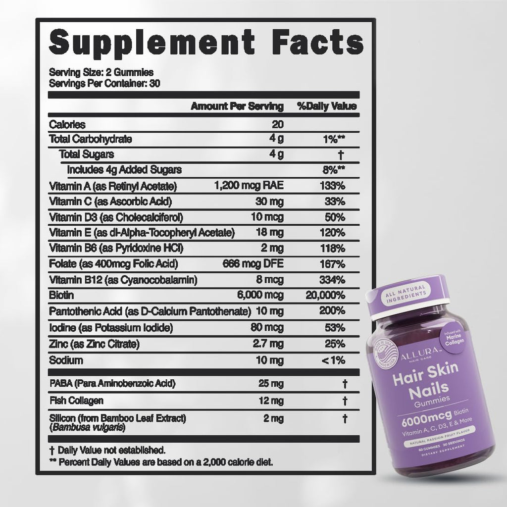 Hair Skin Nails Gummies Biotin 6000mcg Collagen 60 Count