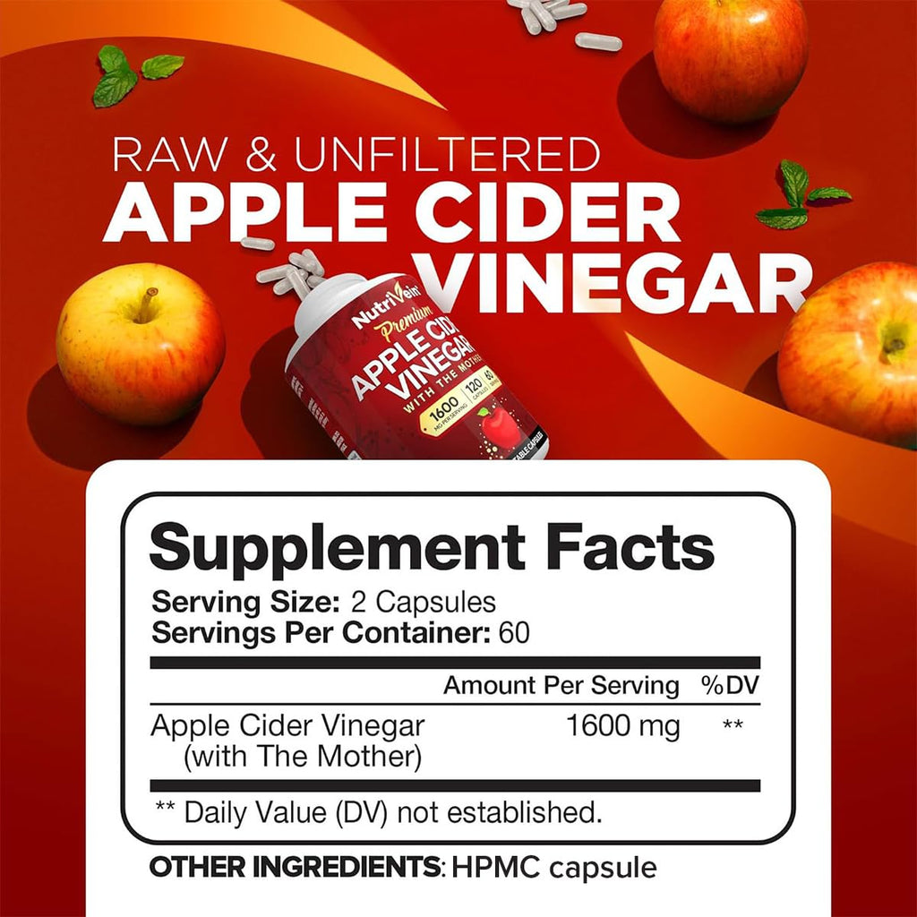 Apple Cider Vinegar Capsules 1600mg for Digestion, Detox & Metabolism Support 120 Ct
