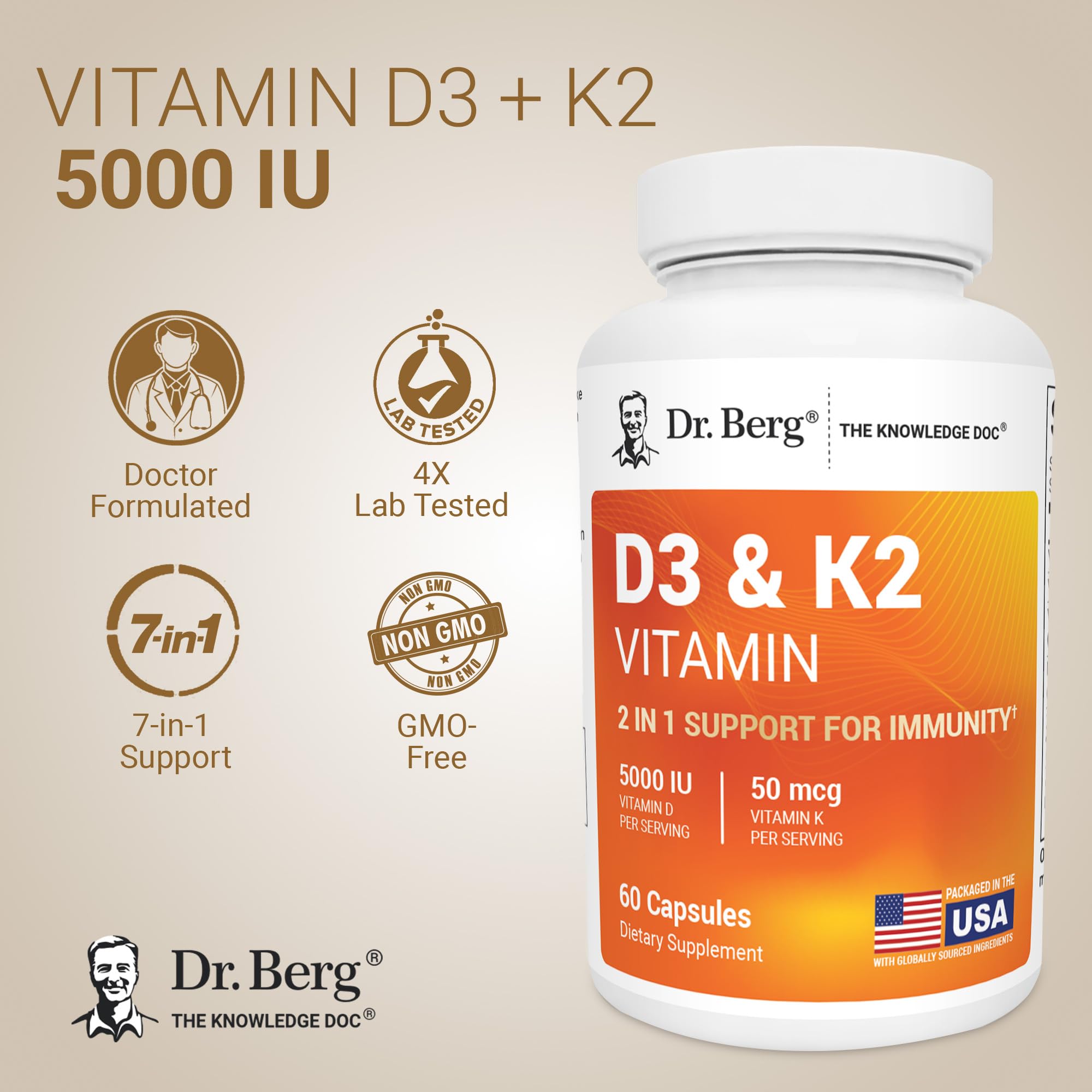 Vitamin D3 5000 IU + K2 MK-7 – Immune & Bone Support, 60 Caps