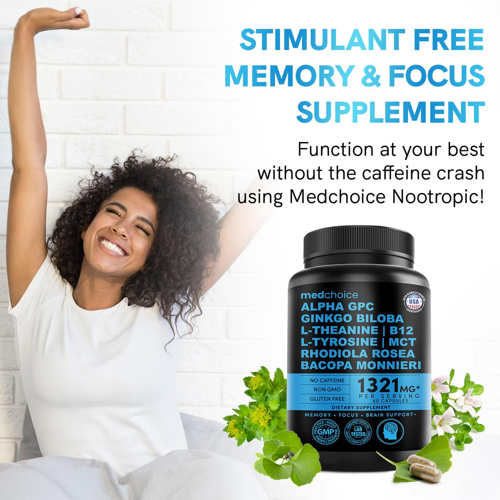 Nootropic Brain Supplement with Ginkgo, Alpha GPC & B12 for Focus & Memory