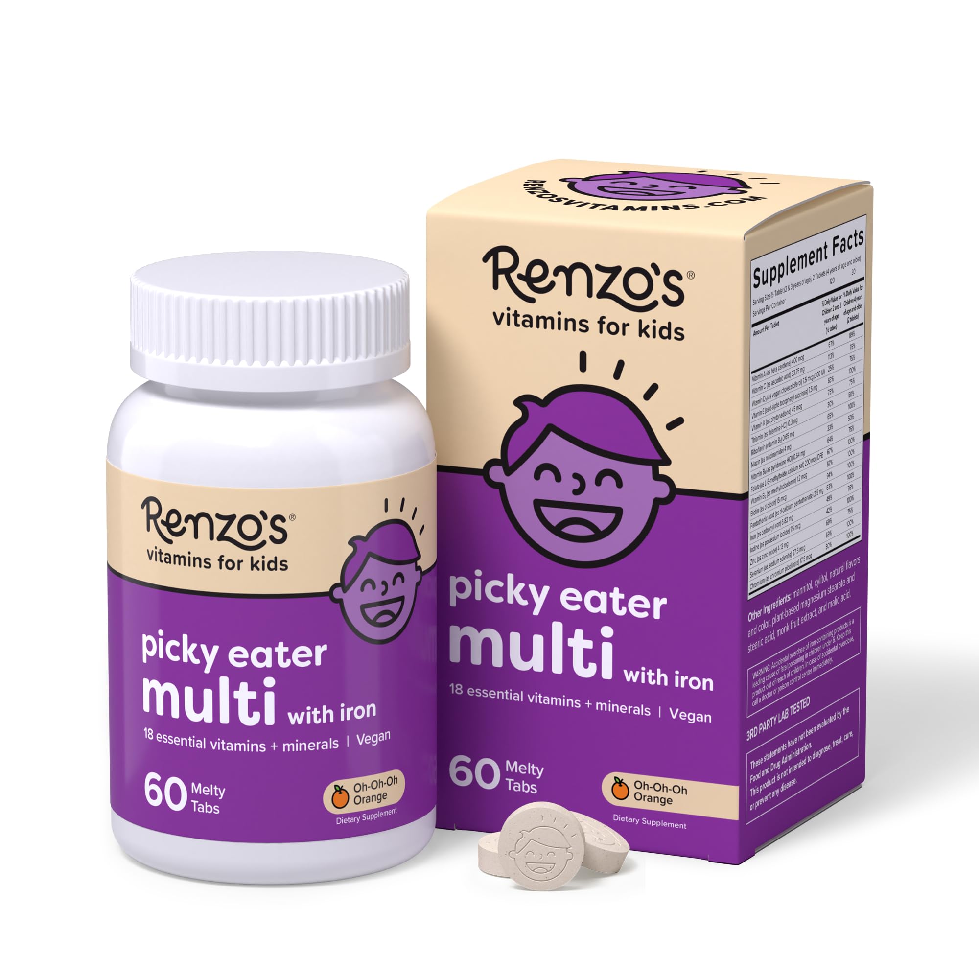 Kids Multivitamin with Iron Dissolvable Zinc Vitamin C 60 Count - Orange