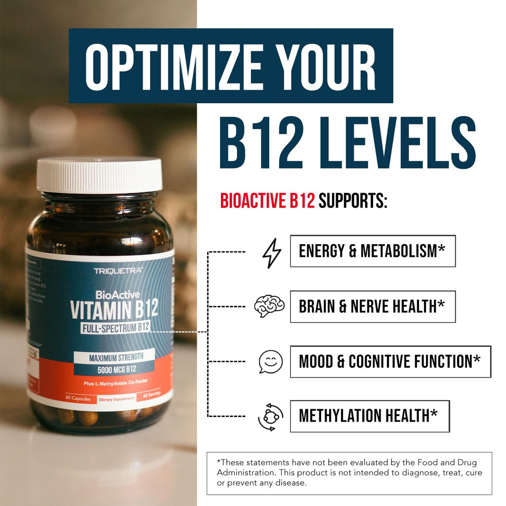 Vitamin B12 5000 mcg Complex with Methylfolate – Energy Support, 60 Ct