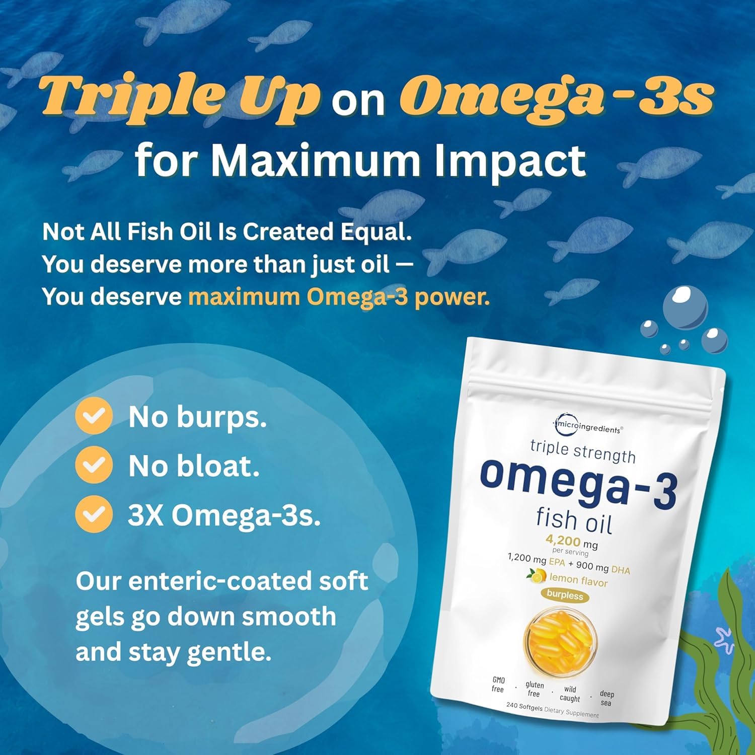 Omega-3 Fish Oil 4200mg Triple Strength EPA DHA Softgels for Heart Support