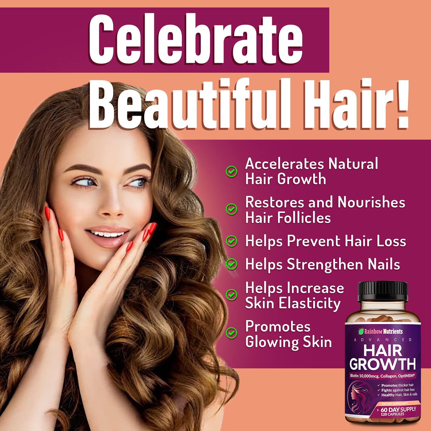 Hair Growth Vitamins Biotin 10000mcg Collagen MSM 60 Day Supply