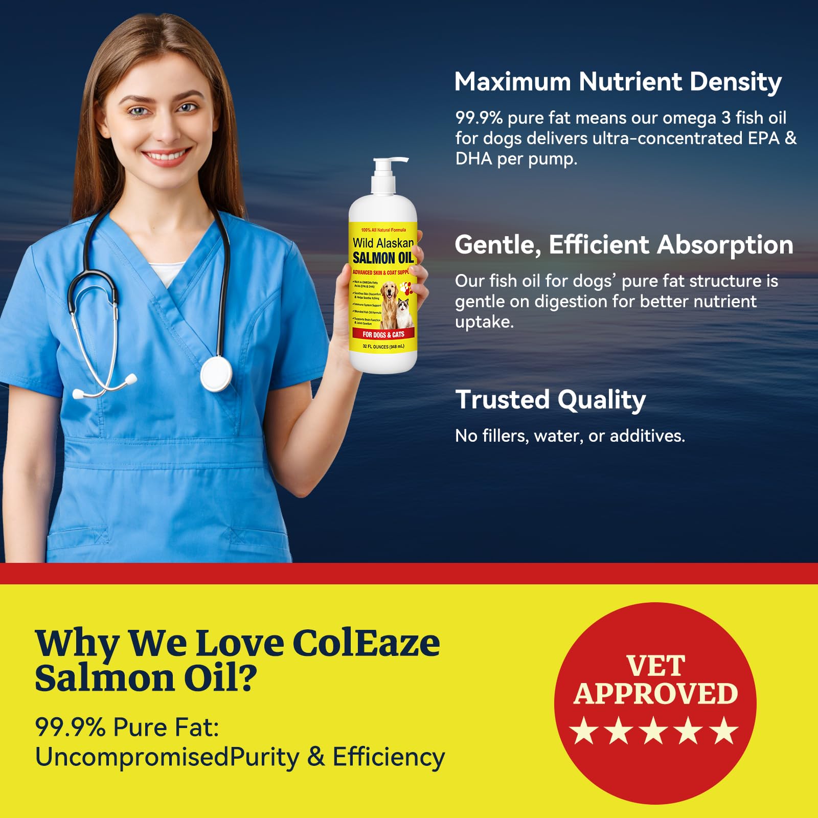 Wild Alaskan Salmon Oil for Dogs & Cats – Omega-3 EPA & DHA 32oz