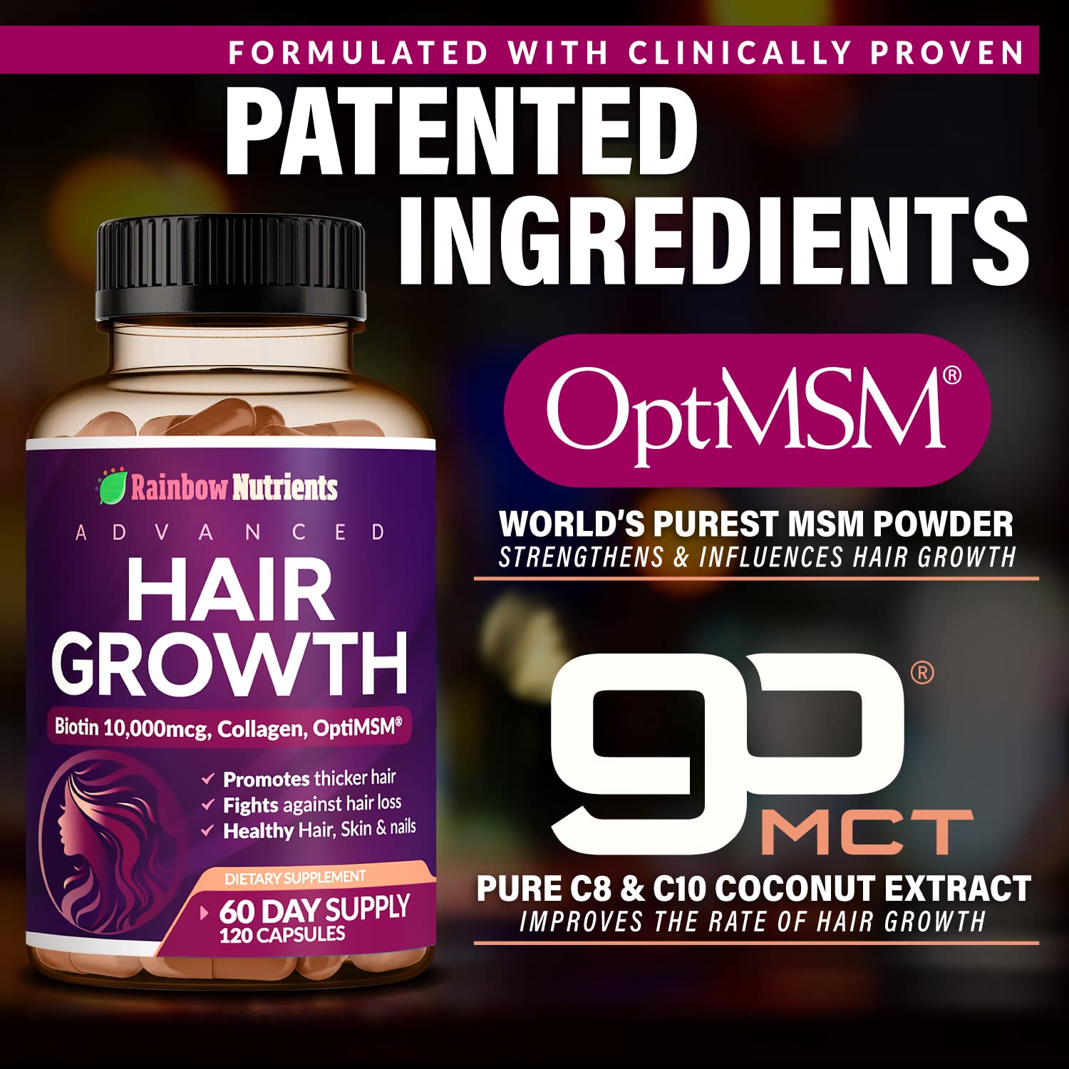 Hair Growth Vitamins Biotin 10000mcg Collagen MSM 60 Day Supply