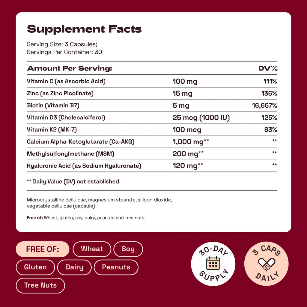Hair Skin Nails Vitamins Biotin Collagen D3 K2 30 Day Supply