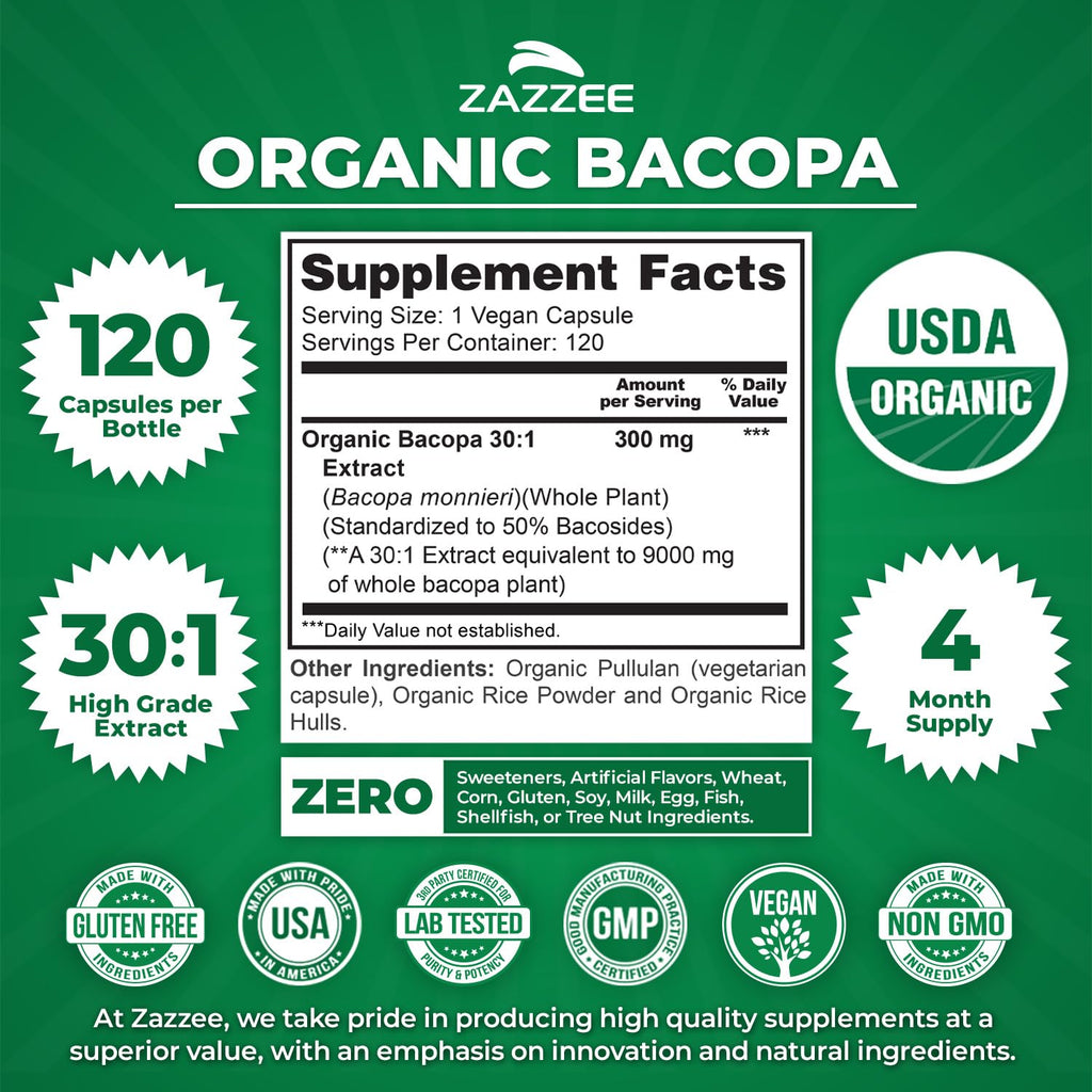 Bacopa Extract 30:1 Capsules for Memory, Focus & Cognitive Support 120 Ct