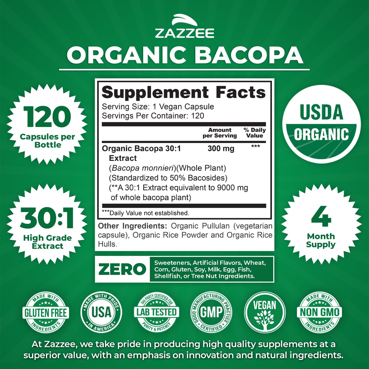 Bacopa Extract 30:1 Capsules for Memory, Focus & Cognitive Support 120 Ct