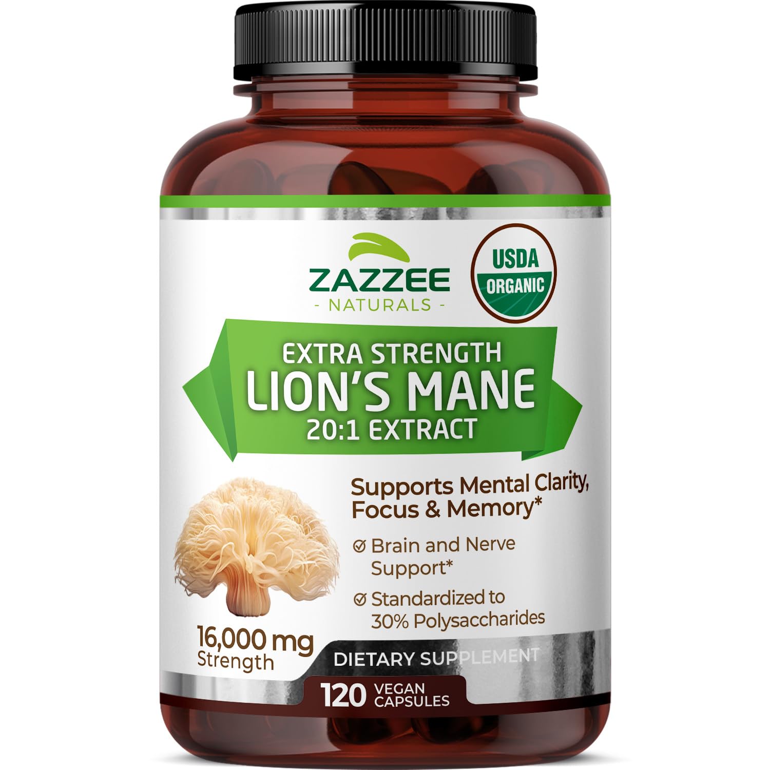 Lion’s Mane Extract 20:1 Capsules for Brain, Focus & Memory Support 120 Ct