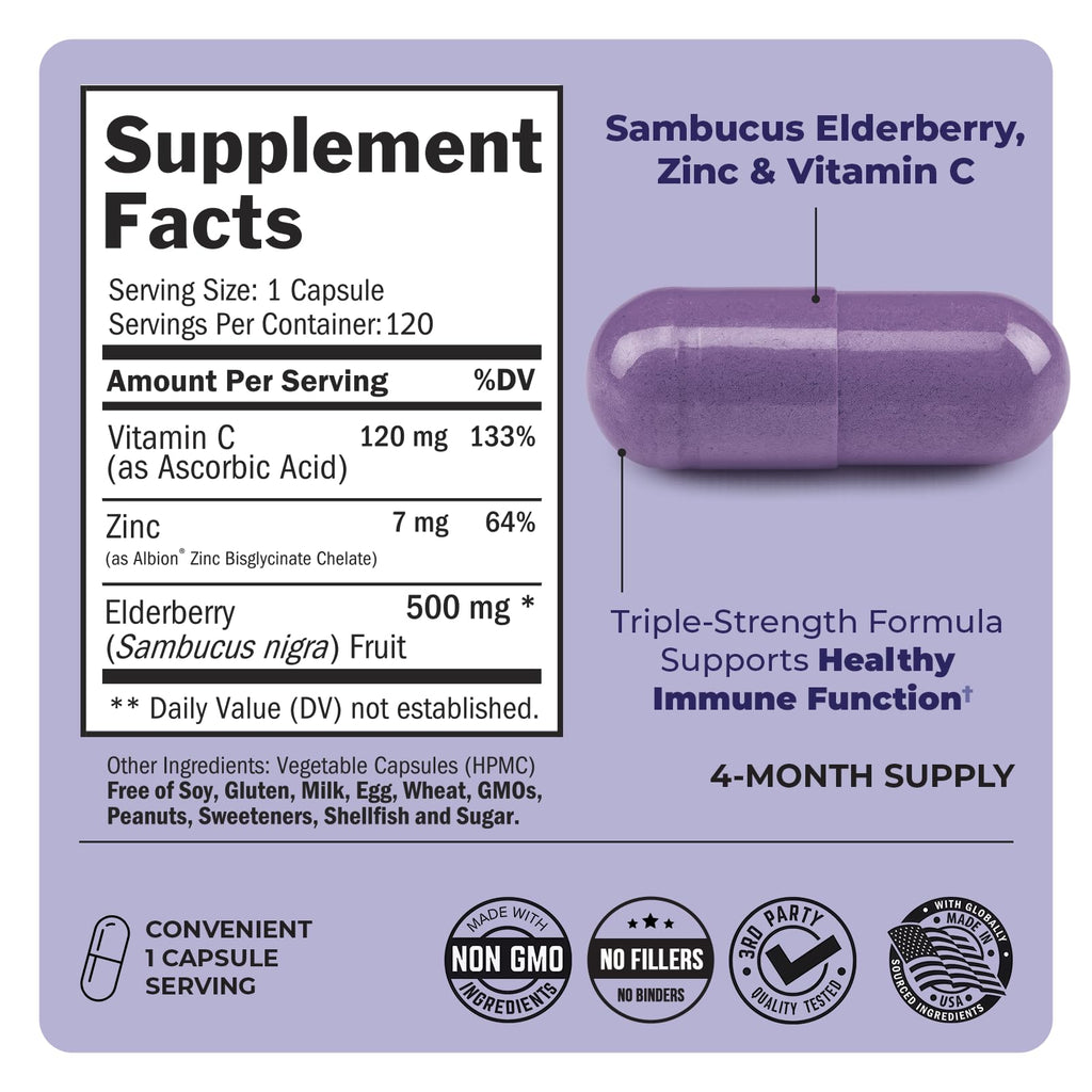 Elderberry Capsules with Vitamin C & Zinc for Immune Support 120 Ct