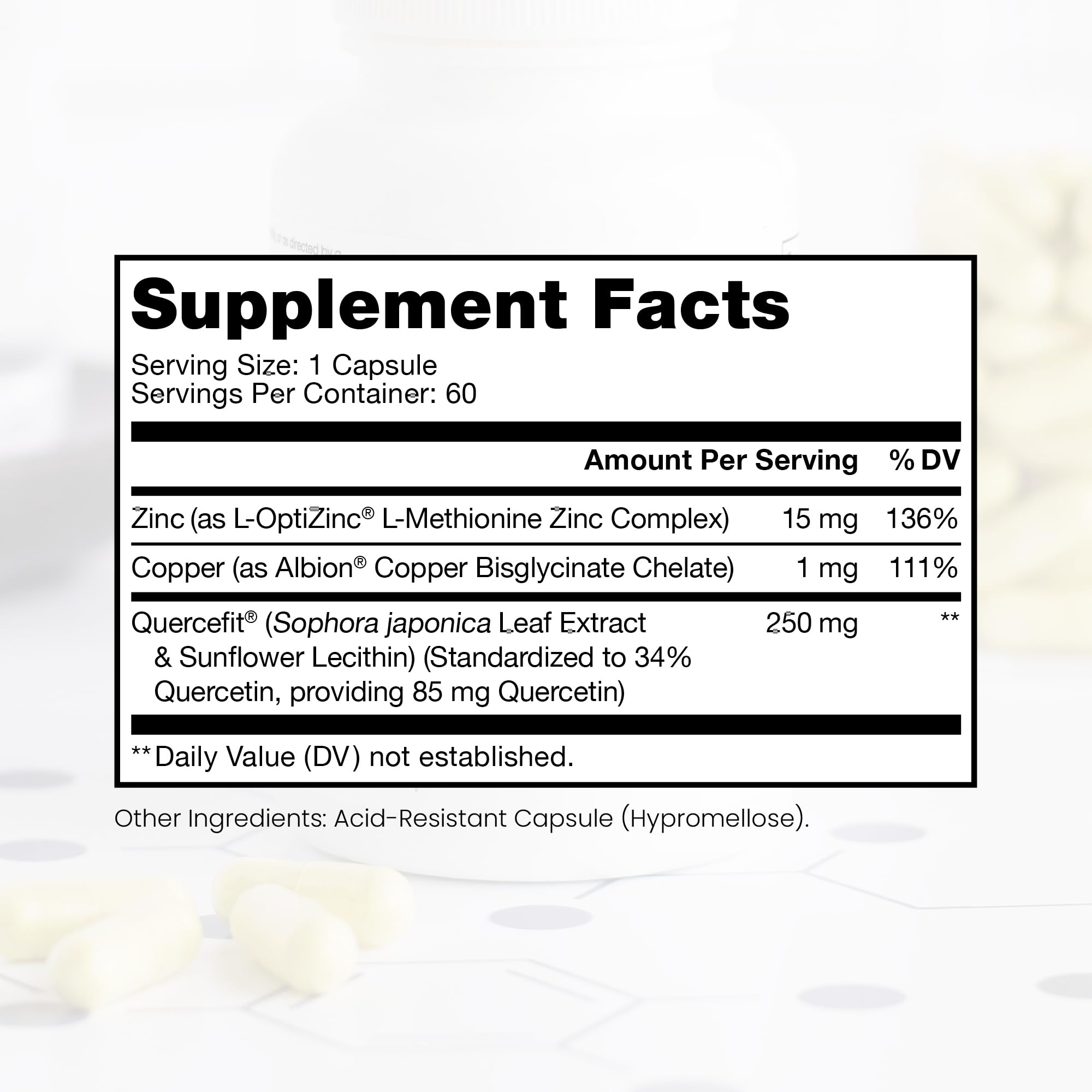Zinc with Copper & Quercetin Capsules for Immune & Hormone Support 60 Ct