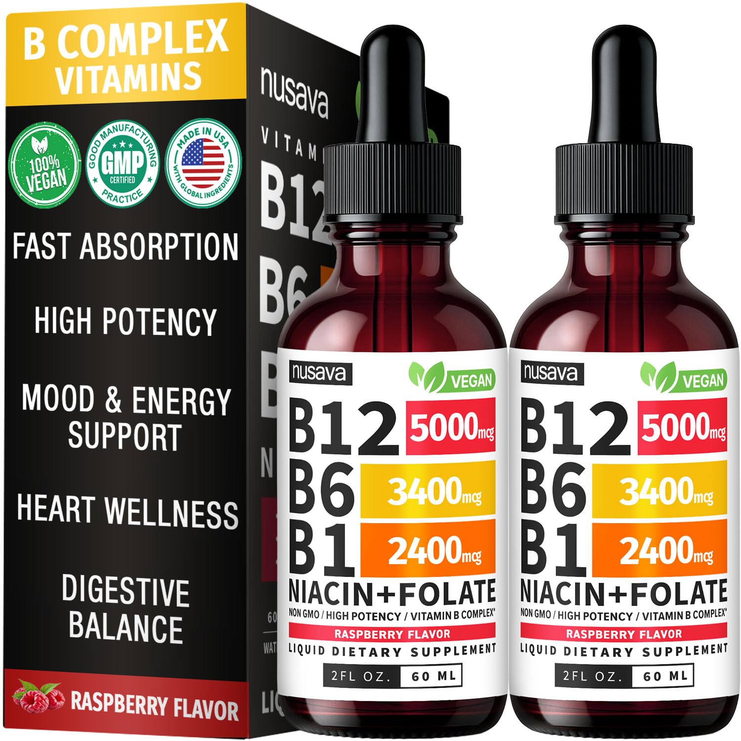 Vitamin B12 5000mcg Liquid Drops with B6 – Energy Support, 2 Pack