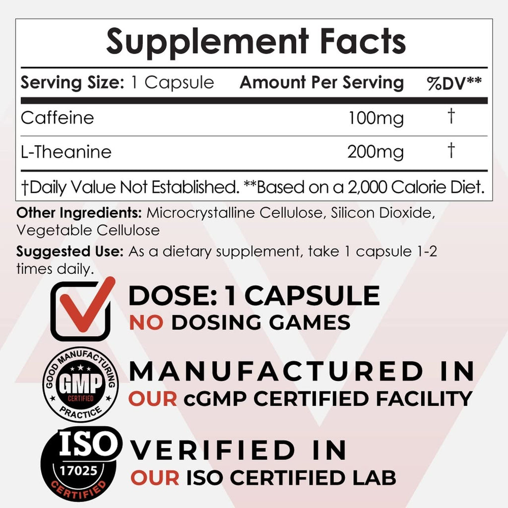 Caffeine & L-Theanine Capsules for Energy, Focus & Mental Alertness 180 Ct
