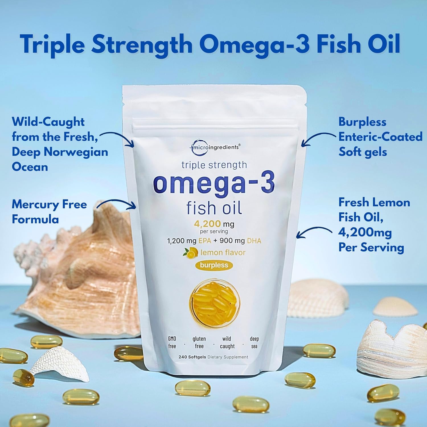 Omega-3 Fish Oil 4200mg Triple Strength EPA DHA Softgels for Heart Support