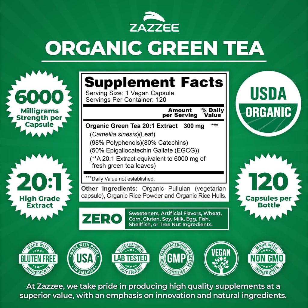 Green Tea Extract 6000mg 20:1 – EGCG Antioxidant, 120 Capsules