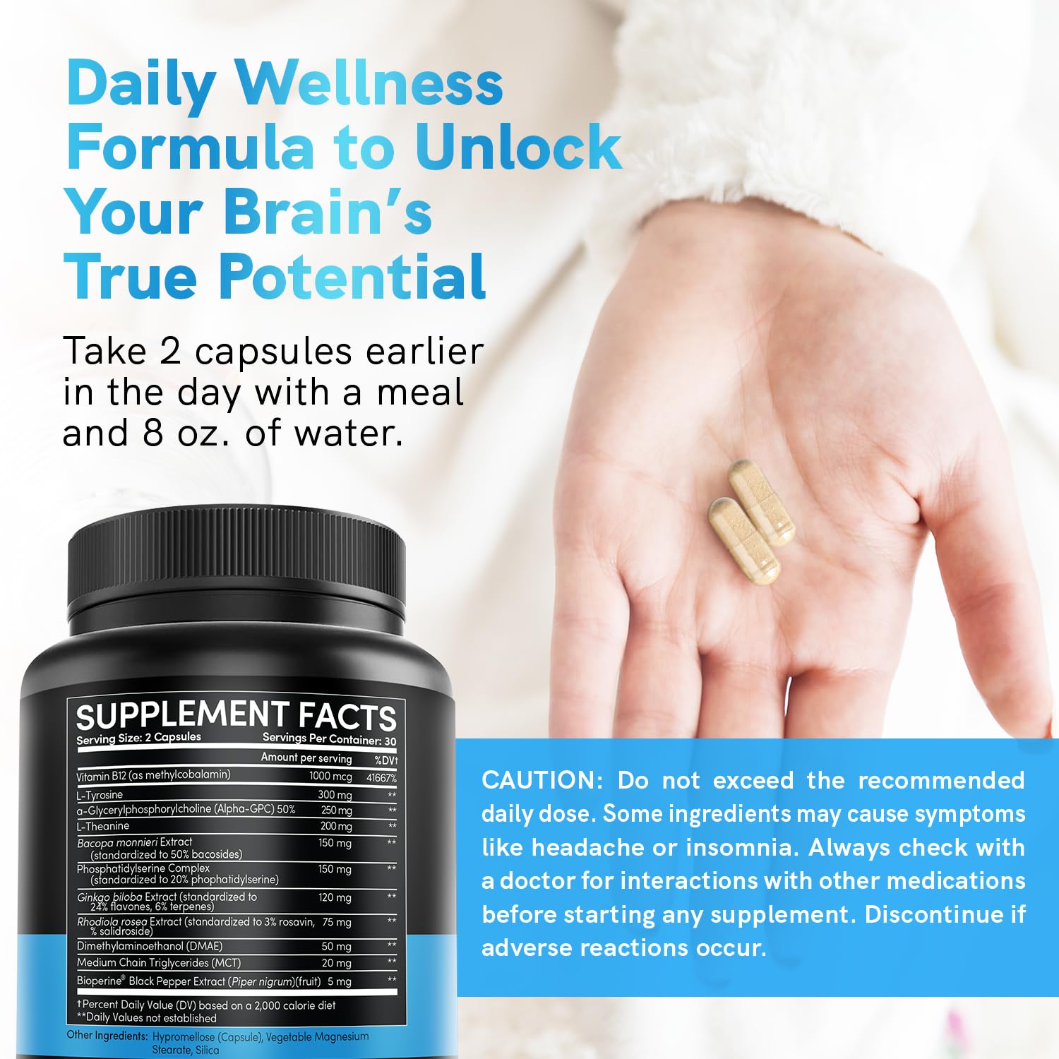 Nootropic Brain Supplement with Ginkgo, Alpha GPC & B12 for Focus & Memory
